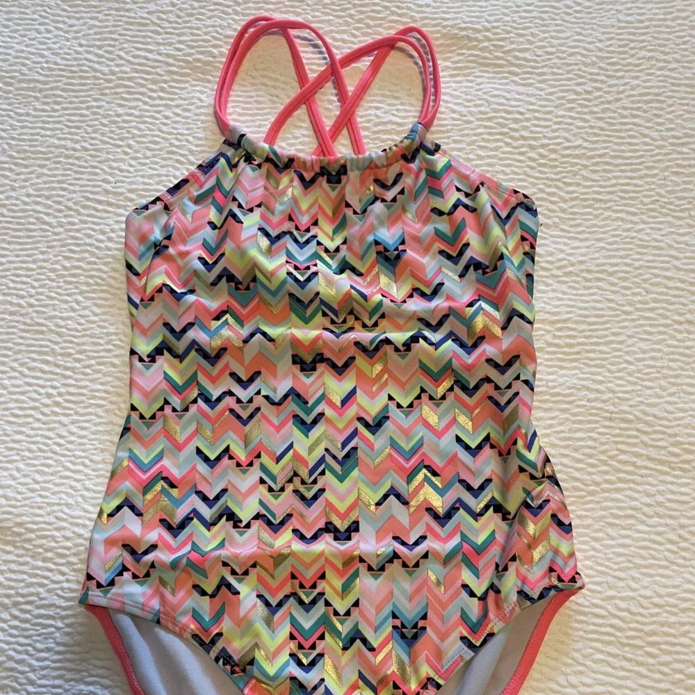 Hot Pink multi-color one piece swimsuit by Cat & Jack, size XL, gently used - Picture 1 of 4